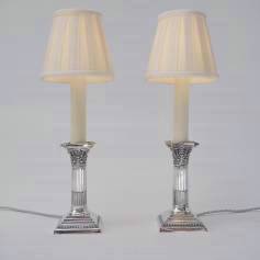 Antique pair Victorian Corinthian silver plate lamps, 1900`s ca, English